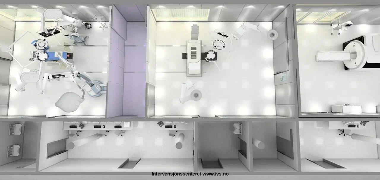 Cutaway illustration of the operating theatres at The Intervention Centre, Oslo University Hospital
